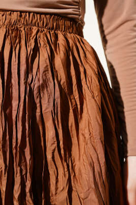 Kırışık Bel Lastikli Etek Taba - Thumbnail