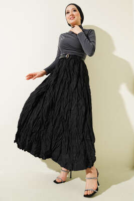 Kırışık Bel Lastikli Etek Siyah - Thumbnail