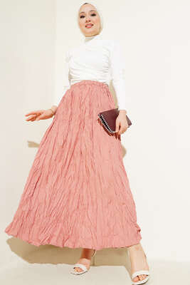 Kırışık Bel Lastikli Etek Pudra - Thumbnail