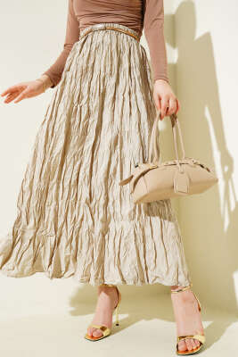 Kırışık Bel Lastikli Etek Bej - Thumbnail