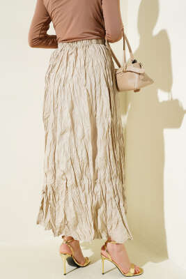 Kırışık Bel Lastikli Etek Bej - Thumbnail