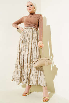 Kırışık Bel Lastikli Etek Bej - Thumbnail