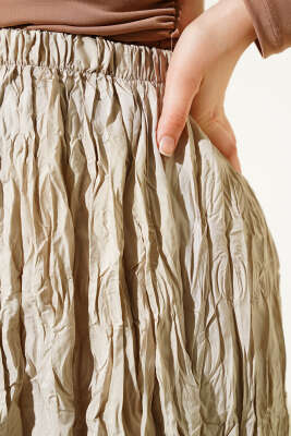 Kırışık Bel Lastikli Etek Bej - Thumbnail