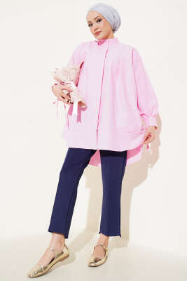 Kolu İp Bağlamalı Yırtmaçlı Tunik Pembe - Thumbnail