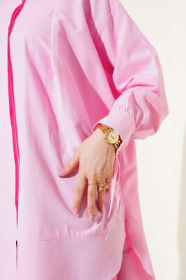 Kolu İp Bağlamalı Yırtmaçlı Tunik Pembe - Thumbnail