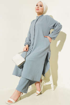 Pazarium - Gizli Düğmeli Yan Yırtmaçlı Uzun Tunik Takım Gri