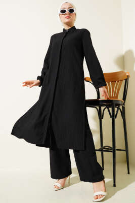 Pazarium - Gizli Düğmeli Yan Yırtmaçlı Uzun Tunik Takım Siyah