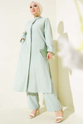 Pazarium - Gizli Düğmeli Yan Yırtmaçlı Uzun Tunik Takım Mint