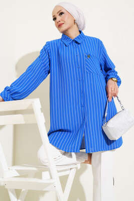 Pazarium - Cep Taş Detaylı Çizgili Gömlek Saks