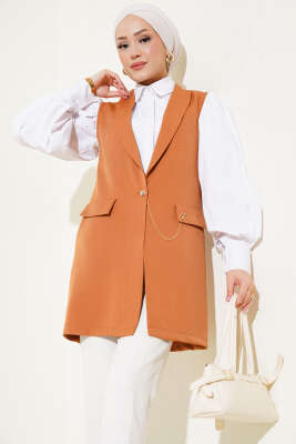 Pazarium - Önü Düğmeli Yelek Taba