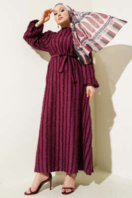 Pazarium - Balon Kol Sim Sakallı Elbise Mor