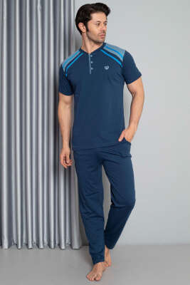 Pazarium - Omuz Şeritli Kısa Kol Erkek Pİjama Takımı İndigo