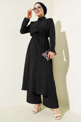 Pazarium - Bel Tünelli Düğmeli Uzun Gömlek İkili Takım Siyah