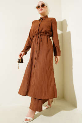 Pazarium - Bel Tünelli Düğmeli Uzun Gömlek İkili Takım Kahve