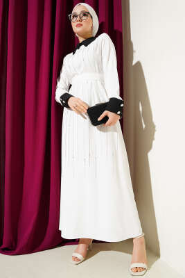 Pazarium - Gömlek Yaka Önü Taşlı Elbise Beyaz