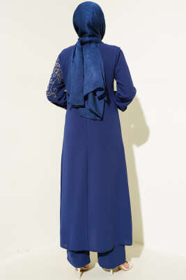 Önü Parlak Taşlı Uzun Tunik Büyük Beden İkili Takım Lacivert - Thumbnail