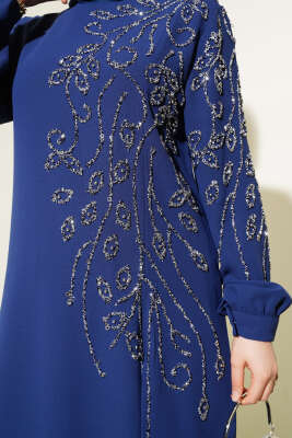 Önü Parlak Taşlı Uzun Tunik Büyük Beden İkili Takım Lacivert - Thumbnail