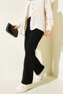 Pazarium - İspanyol Paça Bel Lastikli Pantolon Siyah