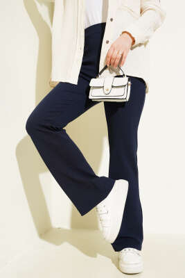 Pazarium - İspanyol Paça Bel Lastikli Pantolon Lacivert