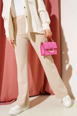 Pazarium - İspanyol Paça Bel Lastikli Pantolon Bej