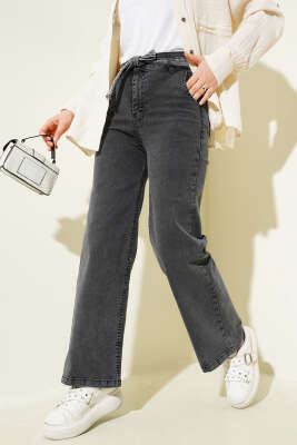 Pazarium - Kuşaklı Beli Lastikli Kot Pantolon Füme