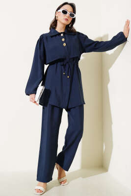 Pazarium - Parça Detaylı Bel Tünelli İkili Takım Lacivert