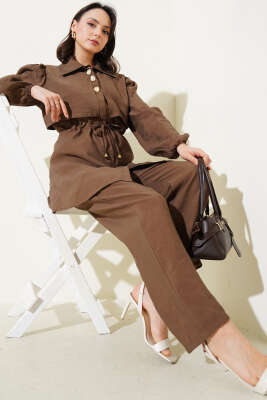 Pazarium - Parça Detaylı Bel Tünelli İkili Takım Kahve