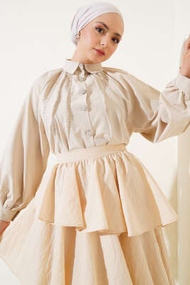 Pazarium - Balon Kol Taş Düğmeli Kısa Gömlek Bej