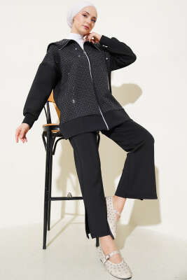 Pazarium - Önü Minik Taşlı Scuba İkili Takım Siyah