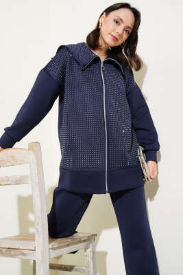 Pazarium - Önü Minik Taşlı Scuba İkili Takım Lacivert