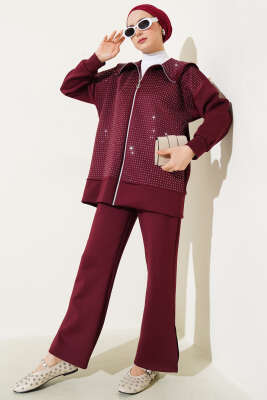 Pazarium - Önü Minik Taşlı Scuba İkili Takım Bordo