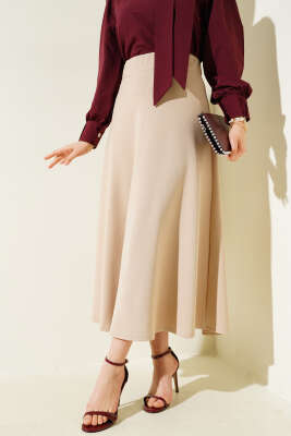 Pazarium - Beli Lastikli Kloş Basic Etek Bej