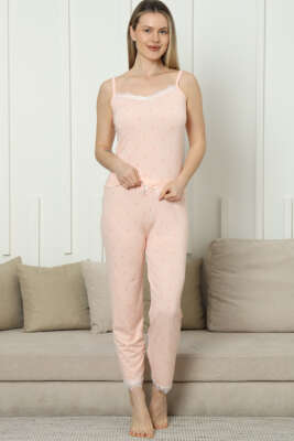 Desenli İp Askılı Dantelli Pijama Takımı Yavru Ağzı - Thumbnail