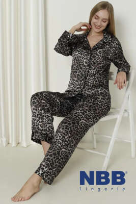 Pazarium - NBB Desenli Saten Pijama Takımı Leopar