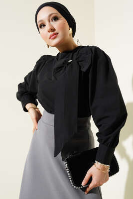 Yaka Fiyonk Aksesuarlı Bluz Siyah - Thumbnail