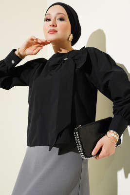 Yaka Fiyonk Aksesuarlı Bluz Siyah - Thumbnail
