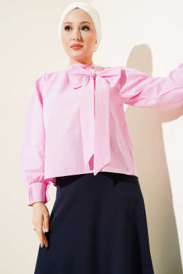 Yaka Fiyonk Aksesuarlı Bluz Pembe - Thumbnail