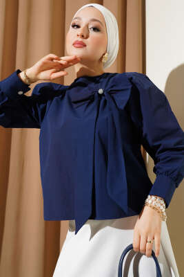 Yaka Fiyonk Aksesuarlı Bluz Lacivert - Thumbnail