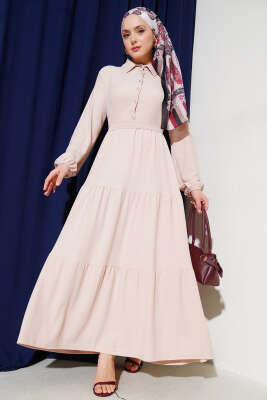 Pazarium - Gömlek Yaka Düğmeli Kat Kat Bürümcük Elbise Bej