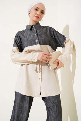 Bel Tünelli Kot Garnili İkili Takım Bej - Thumbnail