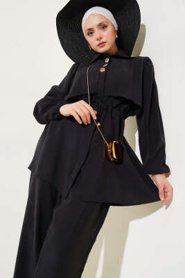 Pazarium - Parça Detaylı Bel Tünelli İkili Takım Siyah