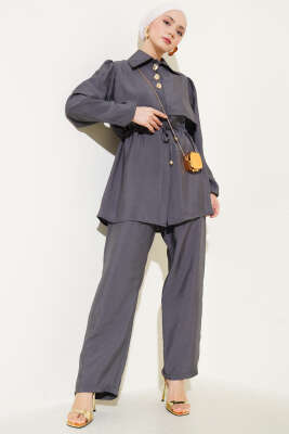 Pazarium - Parça Detaylı Bel Tünelli İkili Takım Füme