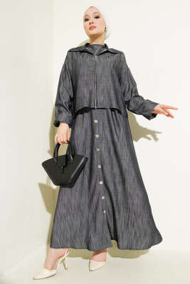 Bel Lastikli Fermuarlı Jile Elbise Takım Füme - Thumbnail