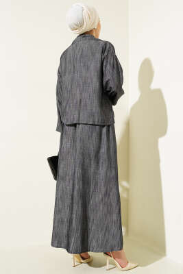 Bel Lastikli Fermuarlı Jile Elbise Takım Füme - Thumbnail