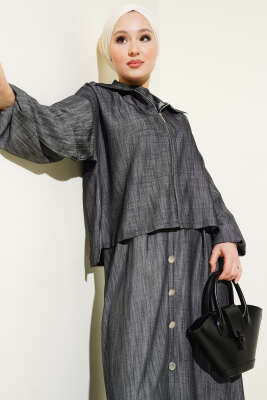 Bel Lastikli Fermuarlı Jile Elbise Takım Füme - Thumbnail