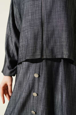 Bel Lastikli Fermuarlı Jile Elbise Takım Füme - Thumbnail