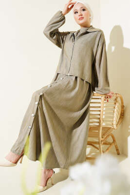 Pazarium - Bel Lastikli Fermuarlı Jile Elbise Takım Vizon