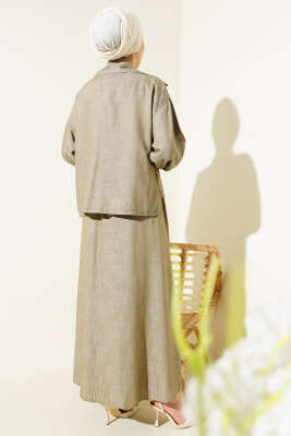 Bel Lastikli Fermuarlı Jile Elbise Takım Vizon - Thumbnail