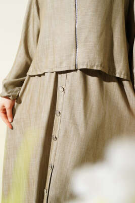 Bel Lastikli Fermuarlı Jile Elbise Takım Vizon - Thumbnail