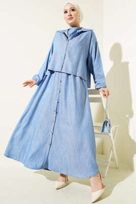 Bel Lastikli Fermuarlı Jile Elbise Takım İndigo - Thumbnail